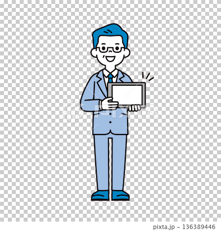 一位身穿西裝、手持平板電腦、正在洽談商務交易的高級商務人士的全身向量插圖。 136389446