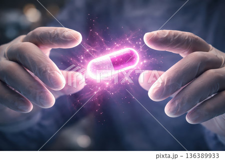 Medical technology innovation glowing pill between gloved hands futuristic healthcare concept bright energy pharmaceutical science research focus laboratory scene hope cure 136389933