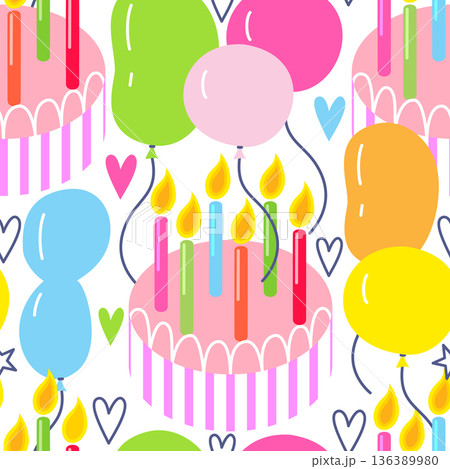 Vector seamless pattern with birthday cake and balloons 136389980