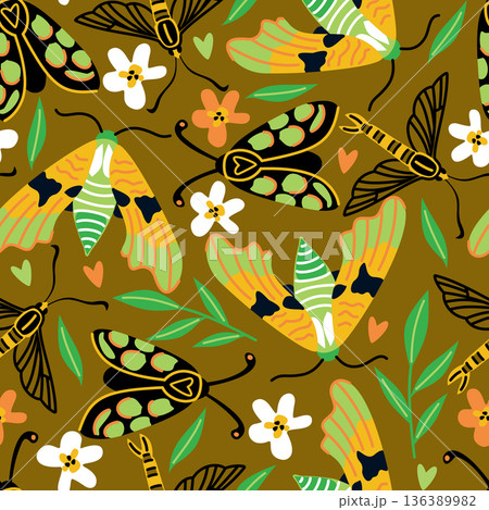 Vector seamless pattern with insects on a flowering meadow 136389982