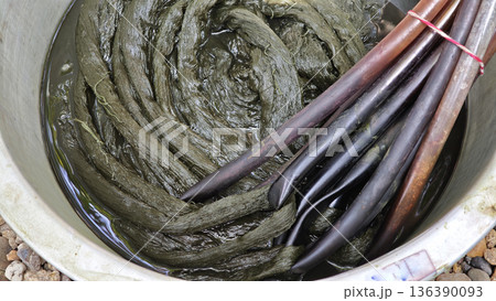 Green dyes derived from various types of leaves are used as natural dyes for fabrics using traditional methods. 136390093