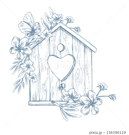 A cute, simple wooden birdhouse decorated with a blossoming apple tree and a butterfly. Hand-drawn ink illustration in line art style. A lovely arrangement for spring holidays and weddings. A cute, simple wooden birdhouse decorated with a blossoming apple tree and a butterfly. Hand-drawn ink illustration in line art style. A lovely arrangement for spring holidays and weddings. 136390119