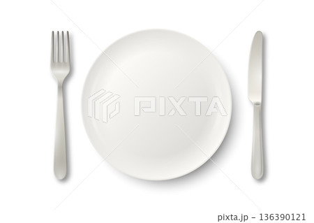 Vector 3d White Empty Plate with Fork and Knife. Table Setting Top View. Minimal Dinnerware Mockup for Restaurant Menu. Clean Ceramic Dish and Silver Cutlery. Dining Place Setting Isolated Vector 3d White Empty Plate with Fork and Knife. Table Setting Top View. Minimal Dinnerware Mockup for Restaurant Menu. Clean Ceramic Dish and Silver Cutlery. Dining Place Setting Isolated 136390121