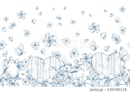 Wooden heart, apple blossom, and birds with butterflies. Hand-drawn ink graphic illustration, monochrome line art style. Seamless border pattern for wedding and spring holiday designs. 136390126
