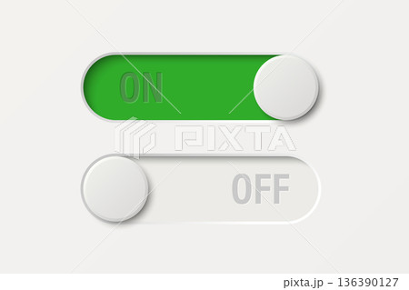 On Off Toggle Switch, Vector Illustration. Green and Red UI Slider, Toggle Button with Round Knob, Toggle Control. Vector Design Element 136390127