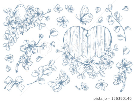 A wooden heart, apple blossom, and a bird with butterflies. A hand-drawn graphic illustration in ink, monochrome line art style. A set of cute spring stickers and elements. A collection for design. A wooden heart, apple blossom, and a bird with butterflies. A hand-drawn graphic illustration in ink, monochrome line art style. A set of cute spring stickers and elements. A collection for design. 136390140