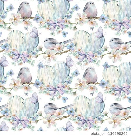 Wooden hearts decorated with spring flowers and apple trees, titmice, and butterflies. Hand-drawn watercolor illustration. Seamless pattern for Valentine's Day and weddings. 136390263