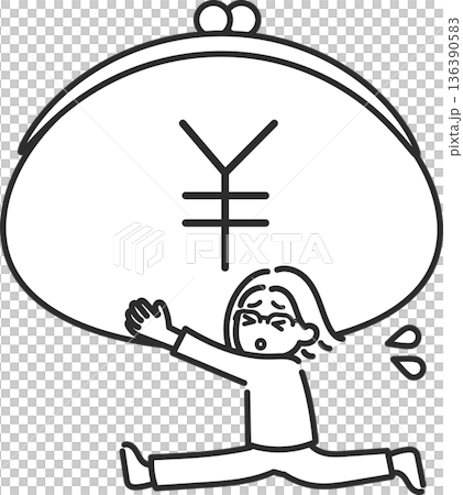 Illustration of a woman in her 40s running with a large clasp purse (line drawing only) 136390583