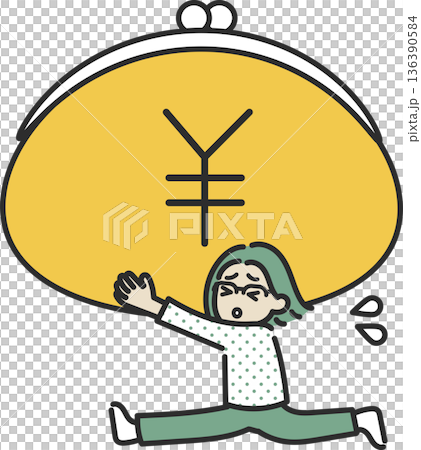 Illustration of a woman in her 40s running with a large clasp wallet 136390584