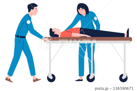 Medical transportation. Paramedics pushing gurney with laying patient 136390671