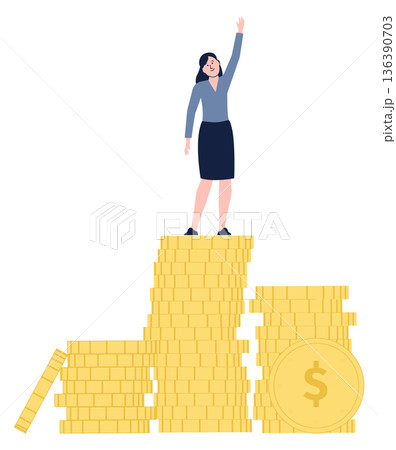 Financial success. Woman stand on golden coin pile 136390703