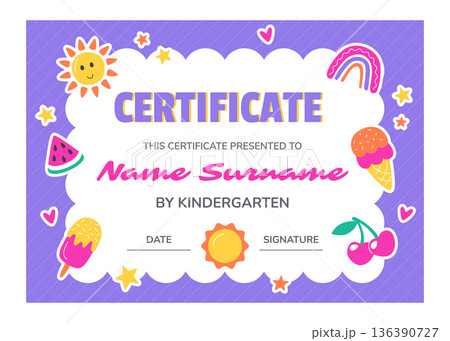 Colorful school certificate template for kids and children with doodle line art elements Colorful school certificate template for kids and children with doodle line art elements 136390727