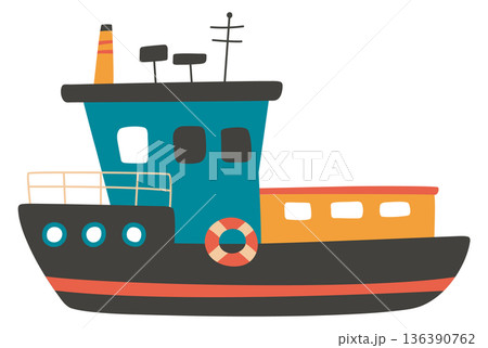 River boat color drawing. Cute retro ship toy 136390762
