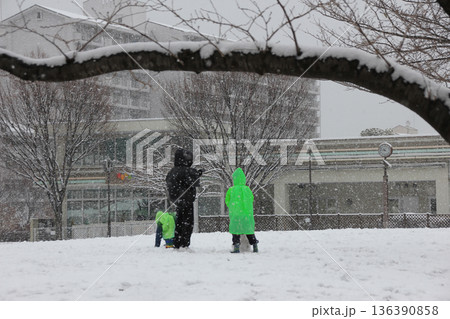 雪の降る公園で遊ぶ父と子 136390858