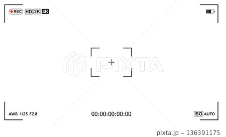 Digital video camera interface with 4K recording, battery and timer on a clean white background 136391175