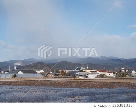 雪雲と四国山脈と水を張った田んぼ（冬空と木枯らしが吹く香長平野） 136391313