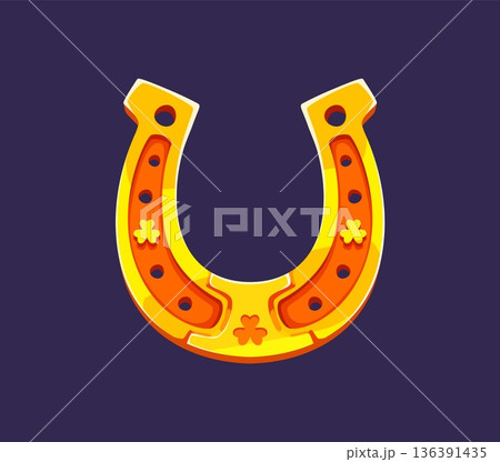 Golden lucky horseshoe with shamrock clover trefoil leaf symbol. Traditional shiny amulet of fortune, luck, prosperity and protection. Cartoon vector happy St Patrick's day Irish horse shoe talisman 136391435