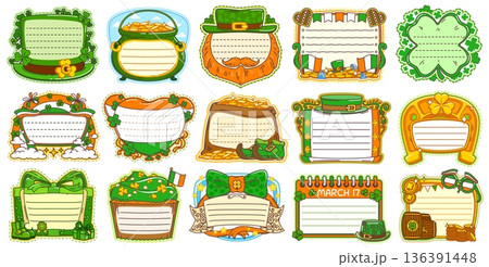 Saint Patrick's day Irish holiday kids memo note frames with cartoon shamrocks, leprechaun hats, bow ties, gold coins, rainbow and cupcakes and gift boxes. Vector set of empty labels and message notes 136391448