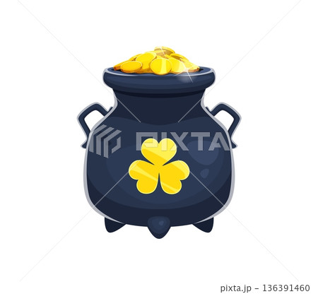 Irish Saint Patrick's day pot with golden coins and shamrock leaf. Whimsical cartoon black cauldron overflowing with bright gold coins and topped with golden shamrock. Vector pot for party decorations 136391460