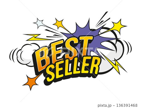 Sale bestseller comic speech bubble pop art sticker. Sale text box retro symbol, sale offer speech bubble vector label. Discount comic balloon sticker with typography and explosion blast effect 136391468