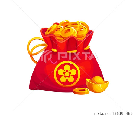 Red Chinese lucky money bag and pouch with golden coins and sycee, Asian fortune purse for Lunar New Year celebration. Happy wallet with gold flower and sychee ingot. Vector tied festive CNY sack 136391469