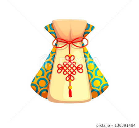 Asian lucky money bag decorated with traditional Chinese knot symbol and patterned fabric sides. Cartoon vector fortune pouch and oriental happy wallet with golden coins for Lunar New Year celebration 136391484