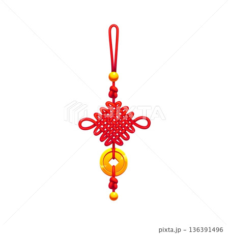 Chinese lucky knot charm vector China Lunar New Year symbol of luck. Traditional Asian gift trinket or amulet with gold coin, loop and red cord. Cartoon vector isolated element for the CNY celebration Chinese lucky knot charm vector China Lunar New Year symbol of luck. Traditional Asian gift trinket or amulet with gold coin, loop and red cord. Cartoon vector isolated element for the CNY celebration 136391496