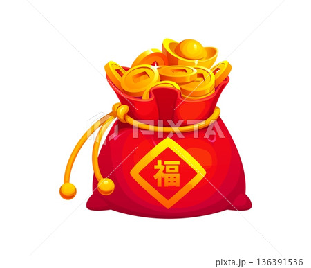Chinese red lucky money bag with golden coins, sycee Yuanbao ingot and hieroglyph means good fortune. Lunar New Year Asian festive fortune pouch or purse. Cartoon vector symbol of wealth and happiness Chinese red lucky money bag with golden coins, sycee Yuanbao ingot and hieroglyph means good fortune. Lunar New Year Asian festive fortune pouch or purse. Cartoon vector symbol of wealth and happiness 136391536