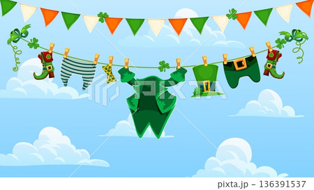 Happy Saint Patrick's day leprechaun clothes and boots hanging on rope with festive bunting flags and shamrock in sky. Cartoon vector green jacket, pants, hat and socks for Irish holiday celebration Happy Saint Patrick's day leprechaun clothes and boots hanging on rope with festive bunting flags and shamrock in sky. Cartoon vector green jacket, pants, hat and socks for Irish holiday celebration 136391537
