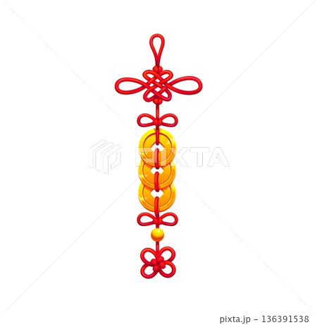 Chinese lucky knot pendant, Asian fortune amulet. Cartoon vector China Lunar New Year symbol of luck or wealth. Traditional trinket gift with gold coins, loop and red cord, isolated decorative element Chinese lucky knot pendant, Asian fortune amulet. Cartoon vector China Lunar New Year symbol of luck or wealth. Traditional trinket gift with gold coins, loop and red cord, isolated decorative element 136391538