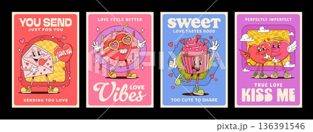 Retro y2k groovy Valentine day holiday posters. Vibrant vector posters featuring character envelope, dancing heart, pink cupcake, and hugging angel and devil hearts. Trippy design for wall art Retro y2k groovy Valentine day holiday posters. Vibrant vector posters featuring character envelope, dancing heart, pink cupcake, and hugging angel and devil hearts. Trippy design for wall art 136391546