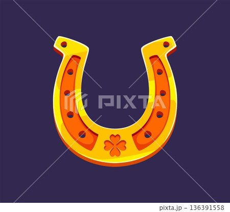 Golden lucky horseshoe, happy St Patrick's day horse shoe with clover symbol. Cartoon vector fortune charm and traditional sign of luck, success, prosperity or positive energy, isolated Irish talisman Golden lucky horseshoe, happy St Patrick's day horse shoe with clover symbol. Cartoon vector fortune charm and traditional sign of luck, success, prosperity or positive energy, isolated Irish talisman 136391558