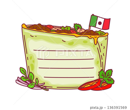 Mexican food burrito kids memo note frame. Scrapbook vector Mexico label, planner to do list Mexican memo note. Kids schedule Latin American frame with Tex Mex burrito, Mexican flag and vegetables 136391569