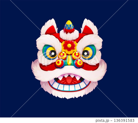 Chinese New Year lion mask of Asian lunar festival in China, cartoon vector icon. Guandong lion dance mask or lion head for Chinese New Year or Chinatown traditional holiday carnival celebration Chinese New Year lion mask of Asian lunar festival in China, cartoon vector icon. Guandong lion dance mask or lion head for Chinese New Year or Chinatown traditional holiday carnival celebration 136391583