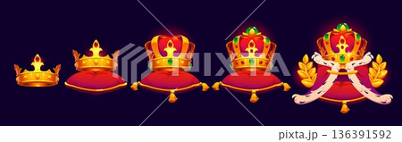 Royal king or queen game rank badge, vector heraldry award. Cartoon luxury royal crowns in progression stages, placed on pillows in laurel branches frames. Game achievement rank badges set 136391592