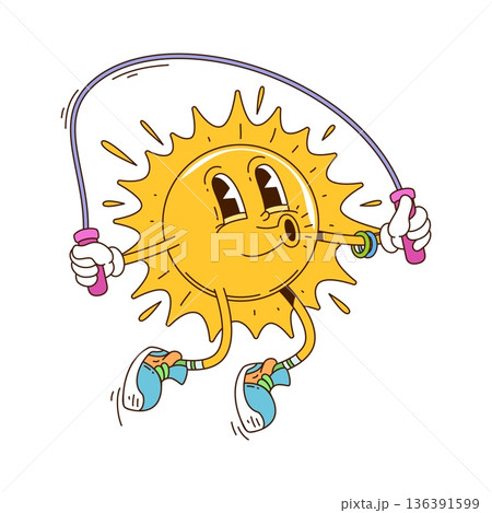 Jumping on skipping rope sun cartoon groovy cute character. Cheerful retro funky mascot, happy vintage comic isolated vector character. Sun cute groovy personage whistling and jumping on rope 136391599