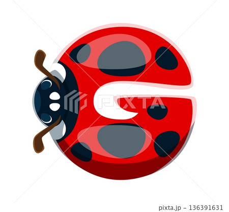 Ladybug beetle font typeset cartoon letter G. Red lady bug type letter, garden insect typeface vector sign. Spring ladybird English alphabet font element or cute ladybug beetle kids ABC typeset symbol 136391631