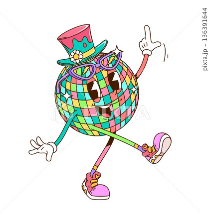 Disco ball cartoon groovy cute character. Cute vintage groovy mascot, cheerful hippie isolated vector character. Colorful mirror glass disco ball wearing top hat and glasses happy personage Disco ball cartoon groovy cute character. Cute vintage groovy mascot, cheerful hippie isolated vector character. Colorful mirror glass disco ball wearing top hat and glasses happy personage 136391644