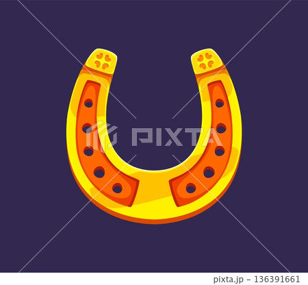 Golden lucky horseshoe, happy St Patrick's day horse shoe with clover leaves. Traditional symbol of good luck, fortune, prosperity and protection. Cartoon vector charm for Irish folklore celebration 136391661