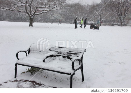 雪に埋もれた悲しげなベンチの向こうは楽しげ遊ぶ家族 136391709