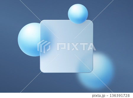 Light glassmorphism square card with blue floating spheres on soft blue background Light glassmorphism square card with blue floating spheres on soft blue background 136391728