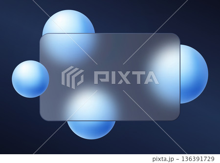 Dark glassmorphism card with blue floating spheres on navy gradient background Dark glassmorphism card with blue floating spheres on navy gradient background 136391729