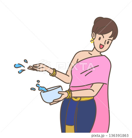 woman playing songkran cartoon traditional clothing 136391863