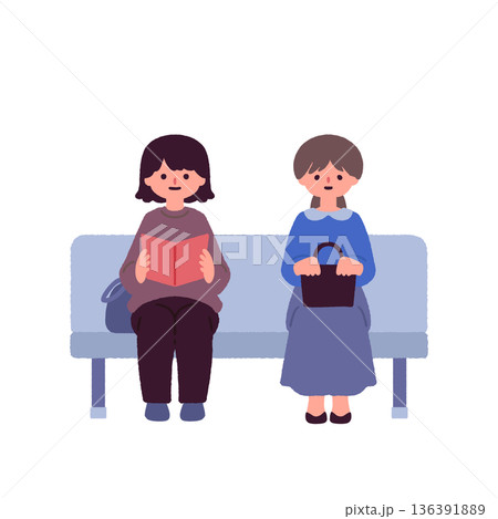 ベンチで順番を待つ女性たちのイラスト｜待合室・受付・公共施設 136391889