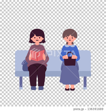 Illustration of women waiting their turn on a bench | Waiting room, reception, public facility 136391889