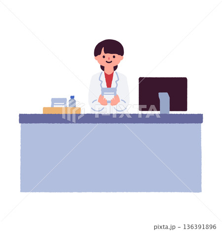 薬局の窓口で薬を手渡し服薬説明をする薬剤師のイラスト 薬局の窓口で薬を手渡し服薬説明をする薬剤師のイラスト 136391896