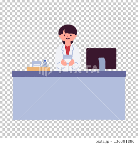薬局の窓口で薬を手渡し服薬説明をする薬剤師のイラスト 薬局の窓口で薬を手渡し服薬説明をする薬剤師のイラスト 136391896