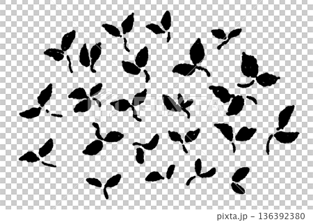 Monochrome illustration and silhouette of shiso sprouts. Scattered sprouts and two-leaf icon. 136392380