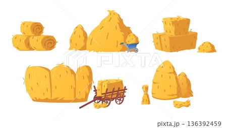 A set of various haystacks, piles, bales, and rolls, with a wooden and iron cart. 136392459