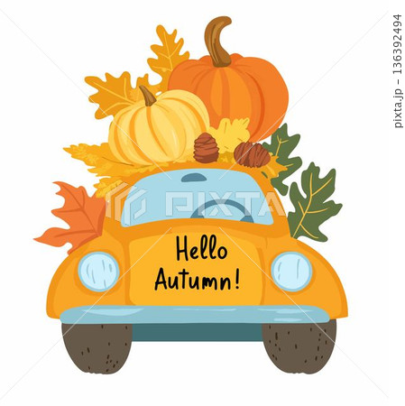 cute retro car with autumn leaves 136392494